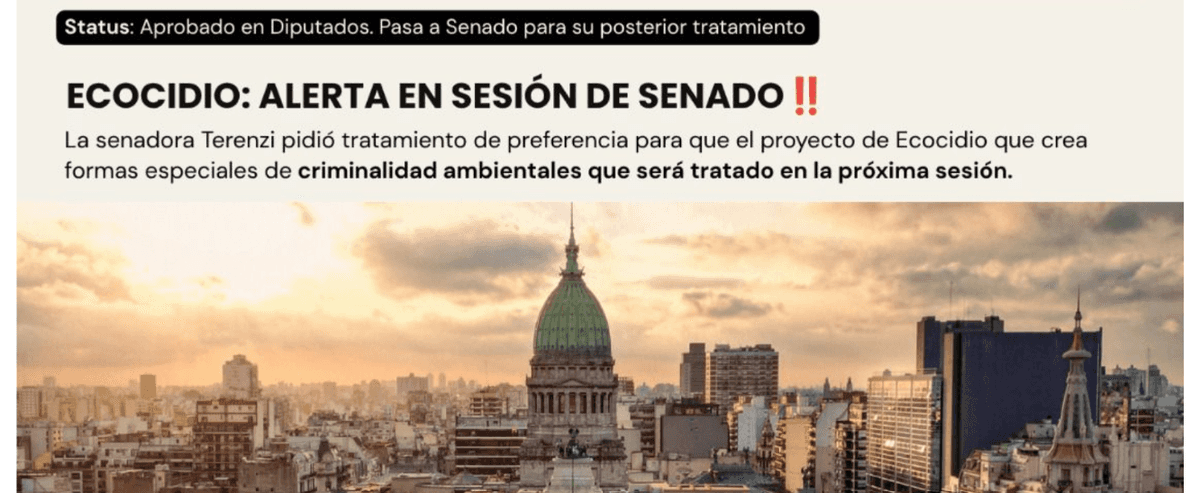 Alerta ruralista por el avance en el Senado del proyecto de ley que crea la figura del “ecocidio” e impone prisión a los culpables de dañar el ambiente