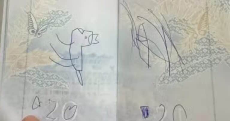 Su hijo dibujó un dinosaurio en su pasaporte horas antes de abordar un vuelo internacional y no pudieron viajar: «No sé en qué momento lo hizo»
