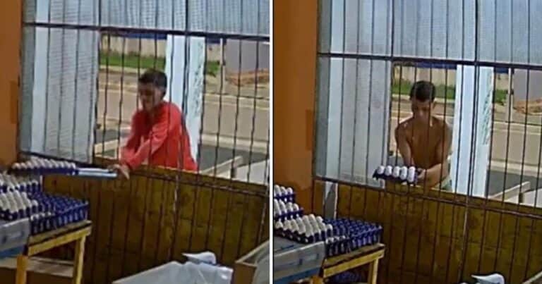 Filmaron a un ladrón que quiso llevarse una caja de huevos con dos palos de escobas